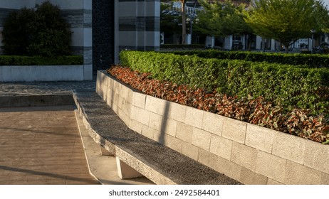 city ​​park design with benches made of concrete and decorated bonsai trees around it. Minimalist garden exterior architectural concept ideas - Powered by Shutterstock