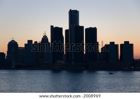 City of Detroit skyline, taken from Windsor Ontario at dusk.