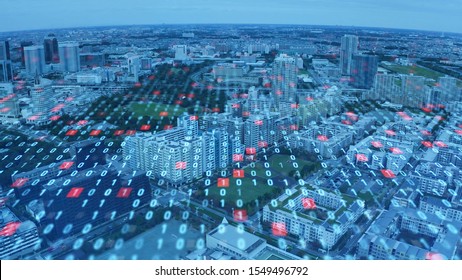 City and digital technology concept. Digital transformation. Binary code.