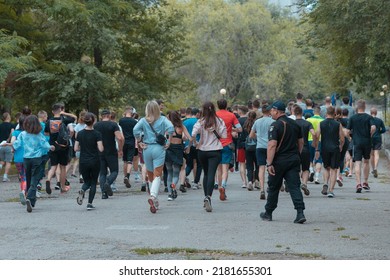 In The City Of Dnipro, A Race Was Held In Support Of The Defenders Of Mariupol. Running For Azovstal. Sports Flash Mob. DNIPRO, UKRAINE - 13 July 2022