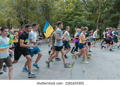 In The City Of Dnipro, A Race Was Held In Support Of The Defenders Of Mariupol. Running For Azovstal. Sports Flash Mob. DNIPRO, UKRAINE - 13 July 2022