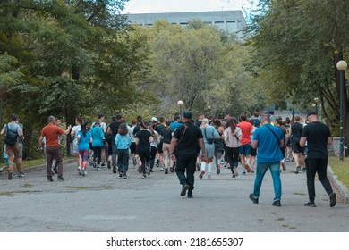 In The City Of Dnipro, A Race Was Held In Support Of The Defenders Of Mariupol. Running For Azovstal. Sports Flash Mob. DNIPRO, UKRAINE - 13 July 2022