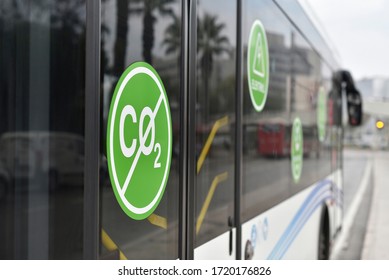 City Electric Bus. Selective Focus On Sign: Without Carbon Dioxide CO2