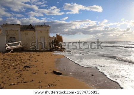 City of Evpatoria (Crimea, Crimean peninsula) Building and structures on the beach damaged as a result of a strong storm on the Black Sea 11.26.2023.