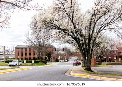 City of Fairfax, USA - March 10, 2020: Downtown area at University and Courthouse drive road street intersection with cars in Fairfax county with office buildings and parking lot in Northern Virginia