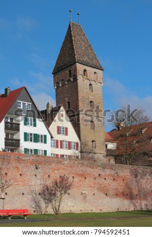 City and falling tower Metzgerturm. Ulm, Baden-Wurttemberg, Germany