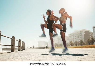 City Fitness, Woman Or Man Jumping In Cardio Exercise, Workout Or Training For Hearth Health, Speed Or Coordination. Sports People, Runner Friends Or Couple And Energy In High Knees Wellness Warm Up