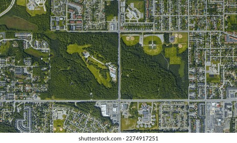 City, Forest and Park, urban forest aerial view, Russian Jack Springs Park, looking down aerial view from above – Bird’s eye view Russian Jack Park, Anchorage, Alaska, USA - Powered by Shutterstock
