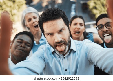 City, funny face and selfie with business people outdoor together for bonding, memory or solidarity. Building, diversity and tongue out with employee team in urban town as friends for photograph - Powered by Shutterstock