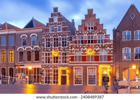 City gate and Bridge Morspoort in Leiden during blue hour, South Holland, Netherlands