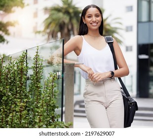 City Girl, Happiness And Portrait Of Urban Lifestyle Woman Relaxing In Her Free Time After Work. Corporate Person Outside For Lunch Outing Break, Social Event Or Entertainment Downtown.