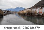 City of Grenoble with the river Isère and the mountains in the distance