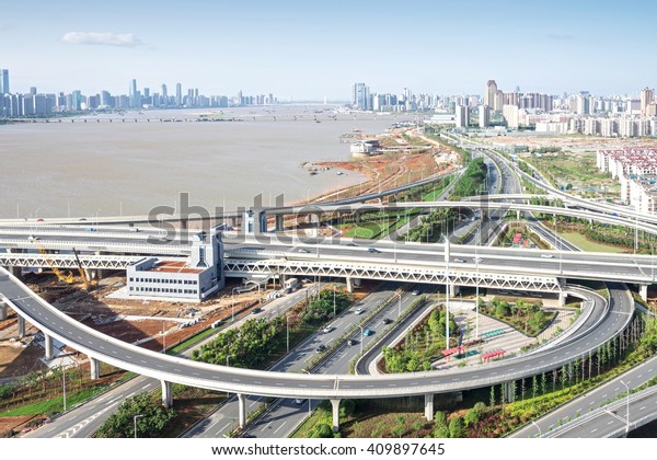 city
highway interchange in shanghai on traffic rush
hour