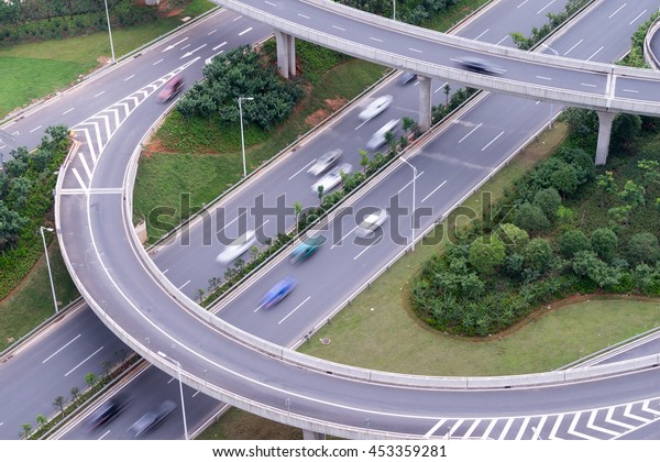 city\
highway interchange in shanghai on traffic rush\
hour