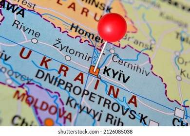 City Kiev (Kyiv) located on map with red pin in Ukraine
