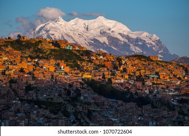 City of La Paz and mountain of Illimani during sunset, Bolivia