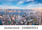 City landscape of the famous travel landmark, aerial view of Hong Kong, Victoria Harbour, eveing daytime