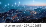 City, landscape and overlay in night for network, connectivity or iot infrastructure development in Cape Town. Metro, cbd and skyline with 3d holographic for cloud computing, connection or innovation