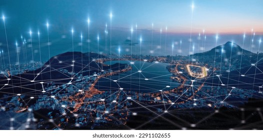 City, landscape and overlay in night for network, connectivity or iot infrastructure development in Cape Town. Metro, cbd and skyline with 3d holographic for cloud computing, connection or innovation