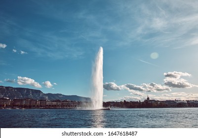 City landscape. View of the city, the fountain and the lake. Geneva, Switzerland.