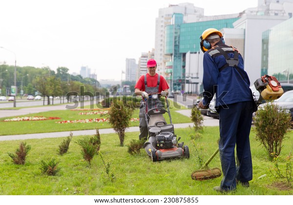 City Landscapers Gardeners Mowing Lawn Gas Stock Photo (Edit Now) 230875855