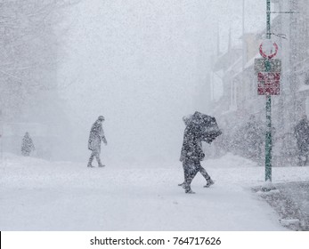 City Life In Snow Storm