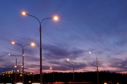 City Lighting Poles Off The Road, Evening Landscape