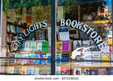 City Lights Bookstore Sign On Facade Of Independent Bookstore Publisher - San Francisco, California, USA - 2021