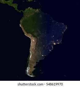 City Lights On World Map. South America. Elements Of This Image Are Furnished By NASA