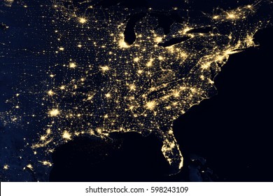 City lights on world map. North America. Elements of this image are furnished by NASA