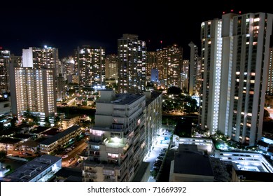 City Lights Of Waikiki, Honolulu, Hawaii, At Night.