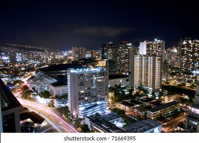 City Lights Of Waikiki, Honolulu, Hawaii, At Night.