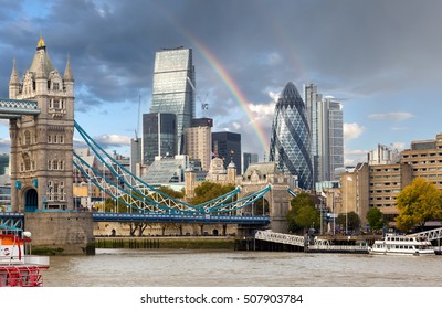 The City Of London After Rain With A Rainbow