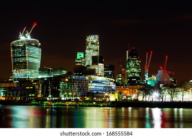 City Of London At Night, One Of The Leading Centres Of Global Finance.This View Includes Tower 42 Gherkin,Willis Building, Stock Exchange Tower And Lloyd`s Of London And Walkie Talkie.