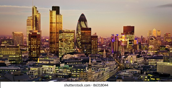 City of London one of the leading centres of global finance.This view includes Tower 42 Gherkin,Willis Building, Stock Exchange Tower and Lloyd`s of London and Canary Wharf at the background.