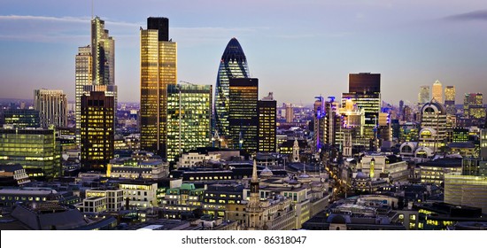 City Of London One Of The Leading Centres Of Global Finance.This View Includes Tower 42 Gherkin,Willis Building, Stock Exchange Tower And Lloyd`s Of London And Canary Wharf At The Background.