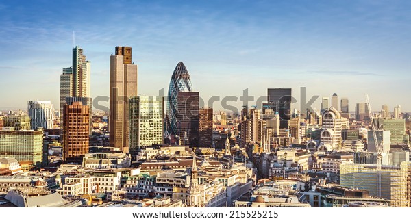City of London one of the leading centres of\
global finance. This view includes Tower 42, Gherkin,Willis\
Building, Stock Exchange Tower, Lloyd`s of London and Canary Wharf\
at the background.