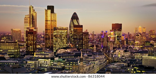 City of London one of the leading centres of\
global finance.This view includes Tower 42 Gherkin,Willis Building,\
Stock Exchange Tower and Lloyd`s of London and Canary Wharf at the\
background.