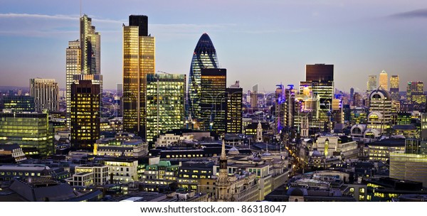 City of London one of the leading centres of
global finance.This view includes Tower 42 Gherkin,Willis Building,
Stock Exchange Tower and Lloyd`s of London and Canary Wharf at the
background.
