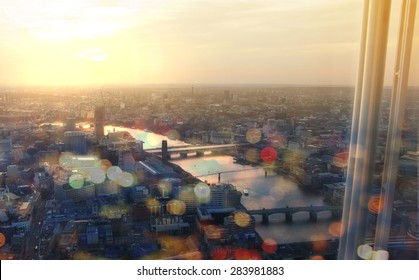 City of London panorama in sunset. River Thames and bridges