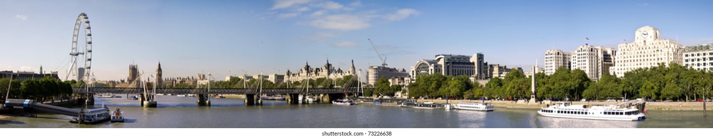 City of London Panoramic view from Waterloo Brige. London eye, Big Ben and Houses of Parliament.