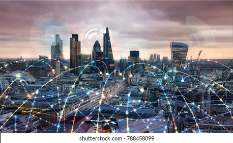 City of London at sunset with communication icons and network lines - Shutterstock ID 788458099