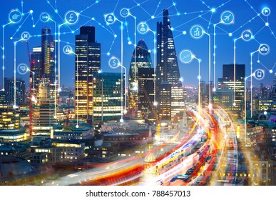 City Of London At Sunset. Illustration With Communication And Business Icons, Network Connections Concept.