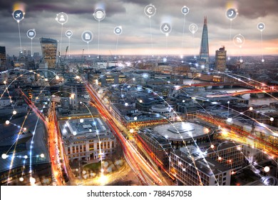 City Of London At Sunset. Illustration With Communication And Business Icons, Network Connections Concept.