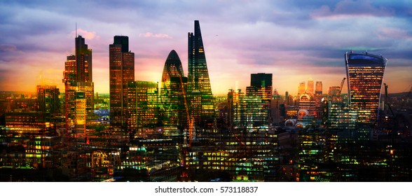 City of London at sunset, Multiple exposure image with night lights reflections. 