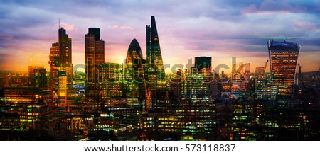 City of London at sunset, Multiple exposure image with night lights reflections.  Imagine de stoc © 