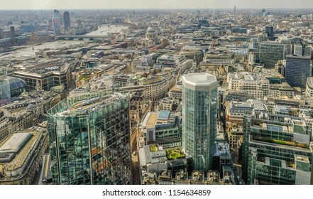 City Of London, UK - April 6, 2018: Aerial View From The Skyscraper Building Vertigo 42.  Shows The City Buildings, Old And New.