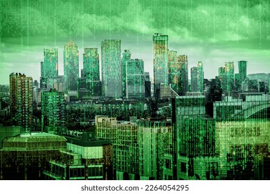 City of London view with matrix  concept and digital connections. Virtual connectivity of the city. Financial district skyline with matrix sky background in green.