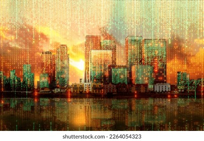 City of London view with matrix  concept and digital connections. Virtual connectivity of the city. Financial district skyline with matrix sky background at sunset