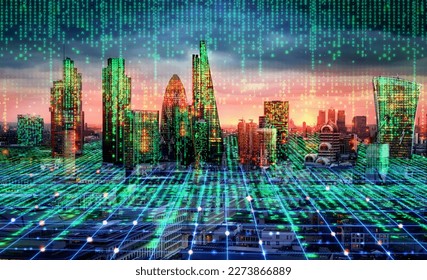 City of London view with matrix concept and digital connections. Virtual connectivity of the city. Financial district skyline with matrix sky background in green.